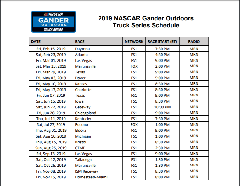 Nascar Truck Schedule 2019 Printable Printable Word Searches