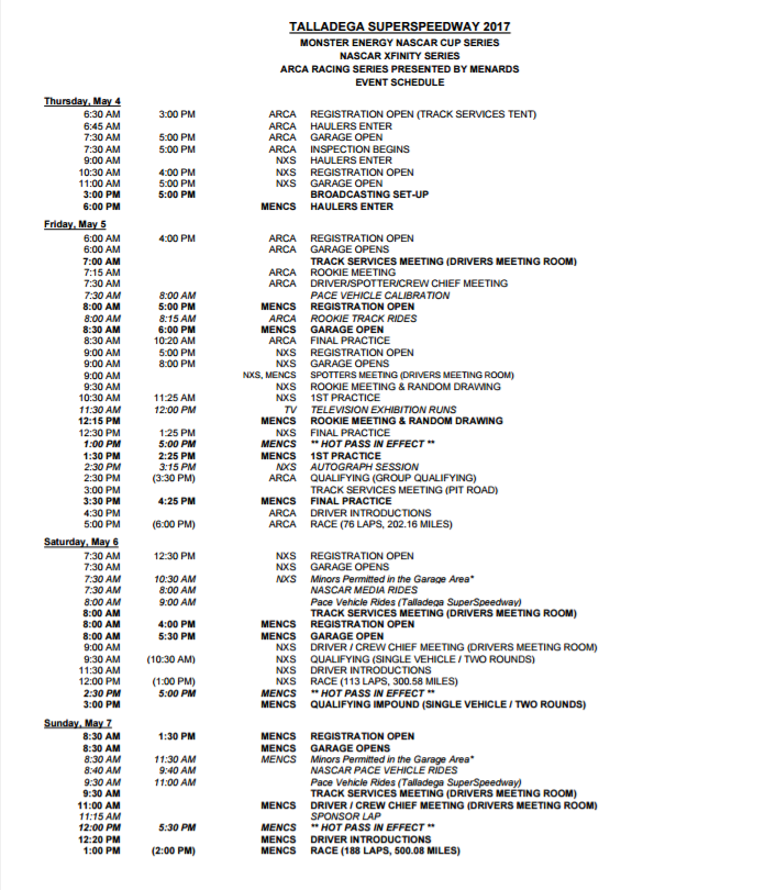 Talladega Schedule