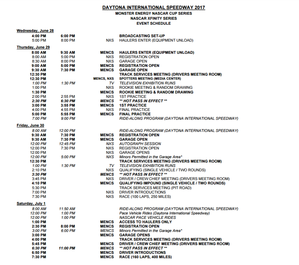 Daytona Weekend Schedule – OnPitRoad.com