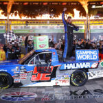 FORT WORTH, TEXAS - MAY 20:  Stewart Friesen, driver of the #52 Halmar International Toyota, celebrates in victory lane after winning the NASCAR Camping World Truck Series SpeedyCash.com 220 at Texas Motor Speedway on May 20, 2022 in Fort Worth, Texas. (Photo by Chris Graythen/Getty Images)